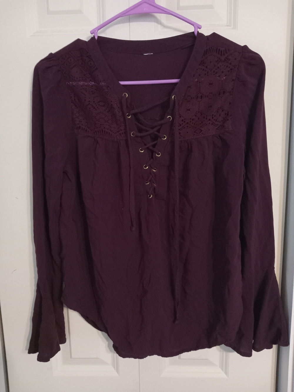 Lace-Up Peasant Tunic Top - Plum